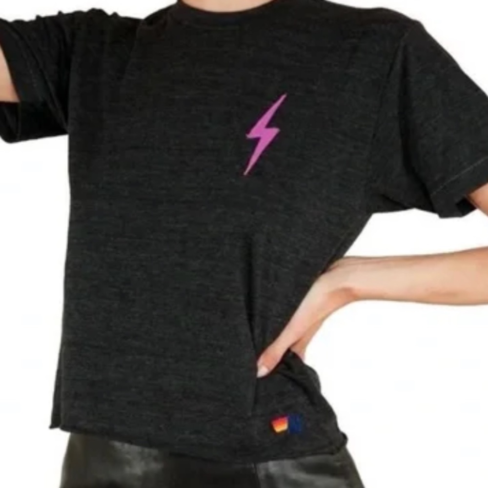 AVIATOR NATION BOLT EMBROIDERY BOYFRIEND TEE - CHARCOAL // PINK